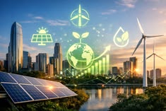 Solar panels and wind turbines supporting sustainable growth