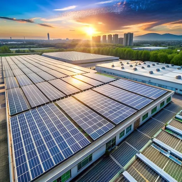 Solar panels covering an industrial rooftop