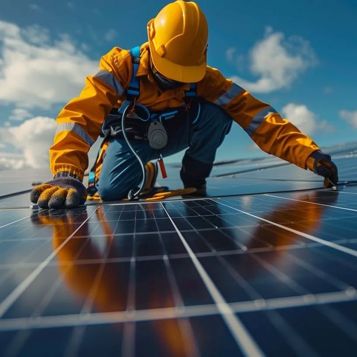 Technician installing rooftop solar panels