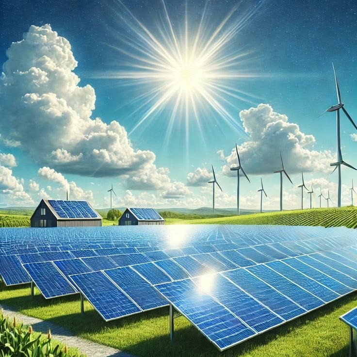 Solar panels and wind turbines generating renewable energy
