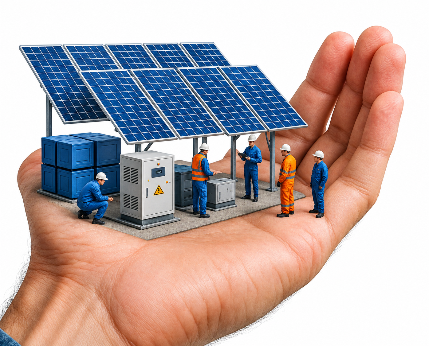 Hand holding a commercial solar installation with panels, equipment and technicians